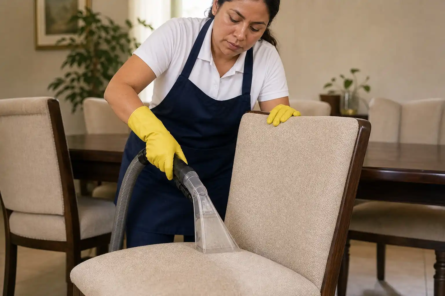 Especialista limpiando el asiento y respaldo tapizado de una silla de comedor