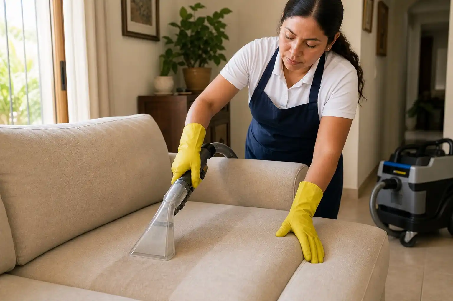 Especialista realizando extracción profunda sobre un sillón de tela