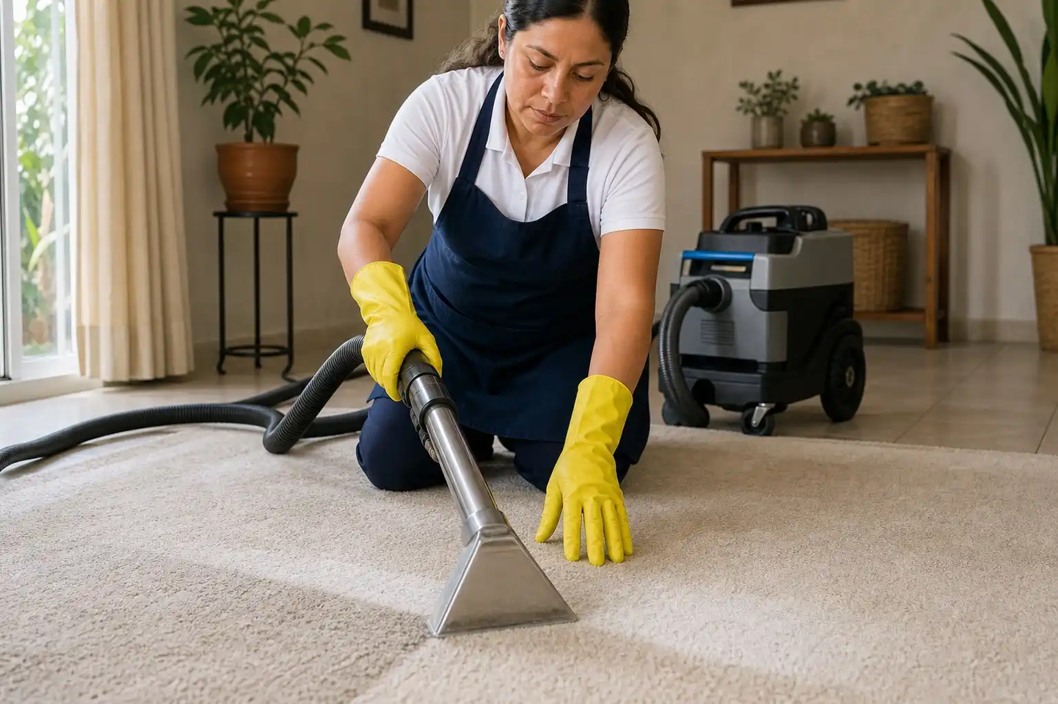 Especialista usando un extractor profesional sobre una alfombra clara