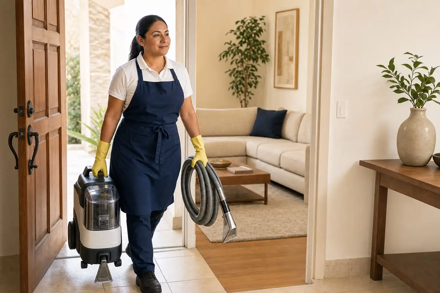 Especialista llegando al domicilio con extractor profesional y manguera para tapicería