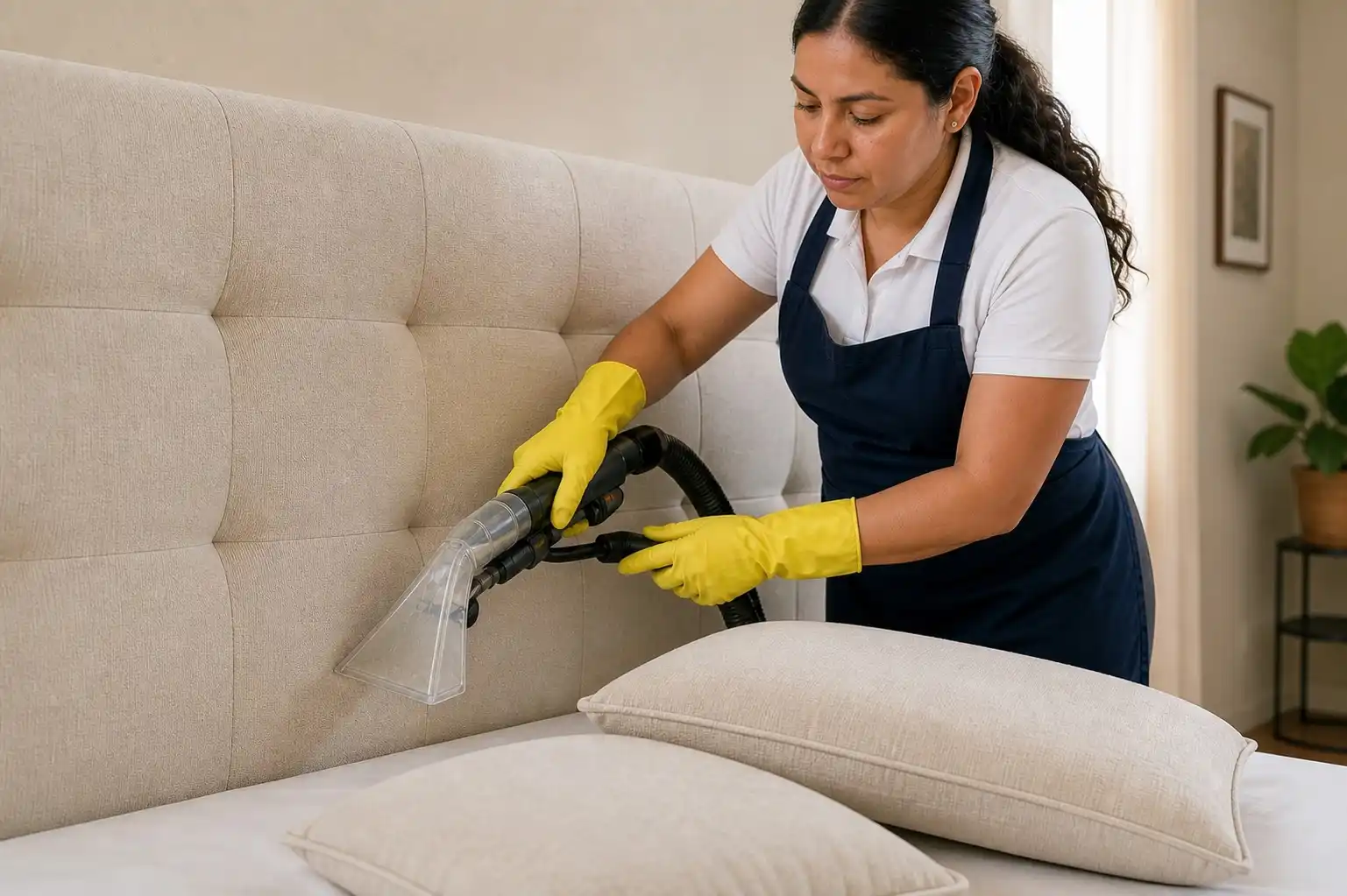 Especialista limpiando una cabecera tapizada junto a cojines textiles