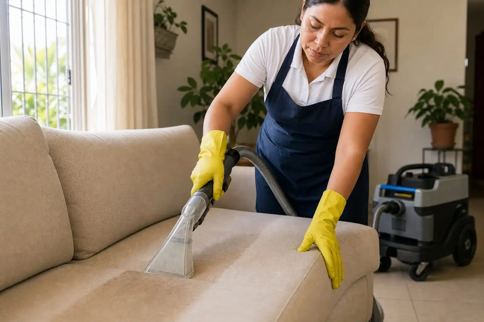 Especialista realizando extracción profunda sobre el asiento de un sofá