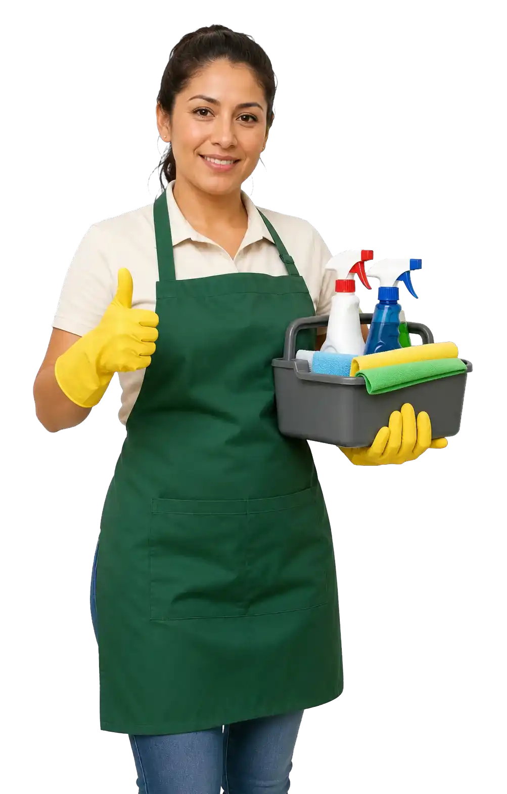 Profesional de limpieza con guantes y suministros para atención a domicilio