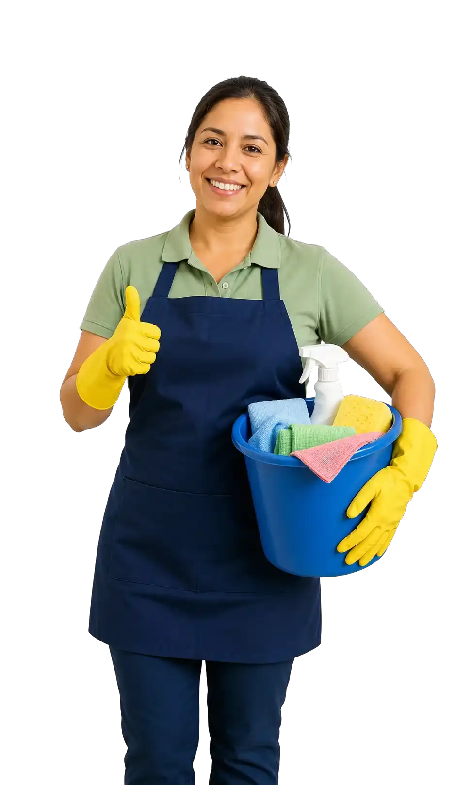 Profesional de limpieza con cubeta y suministros