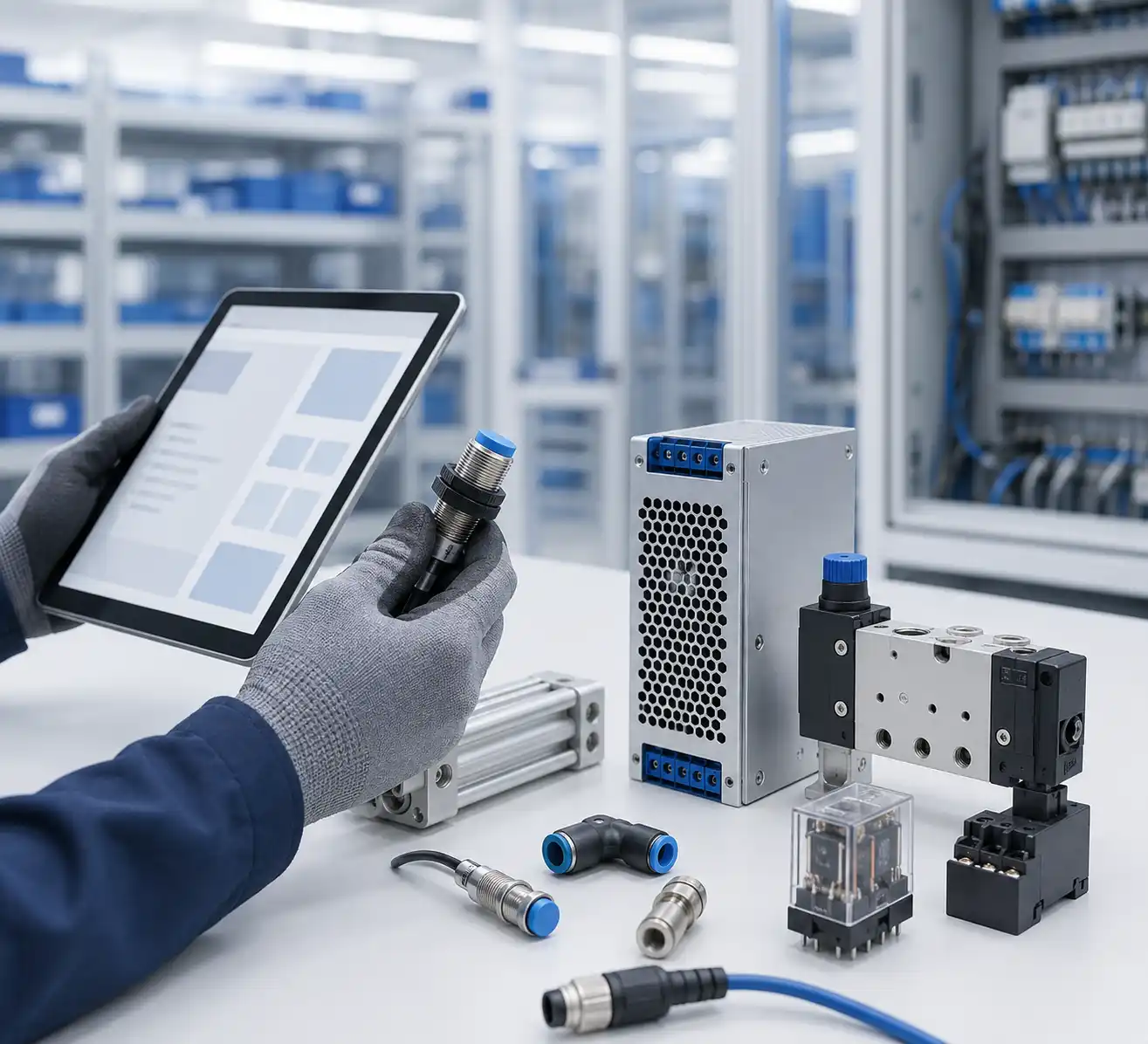 Panel de operación industrial junto a equipo automatizado