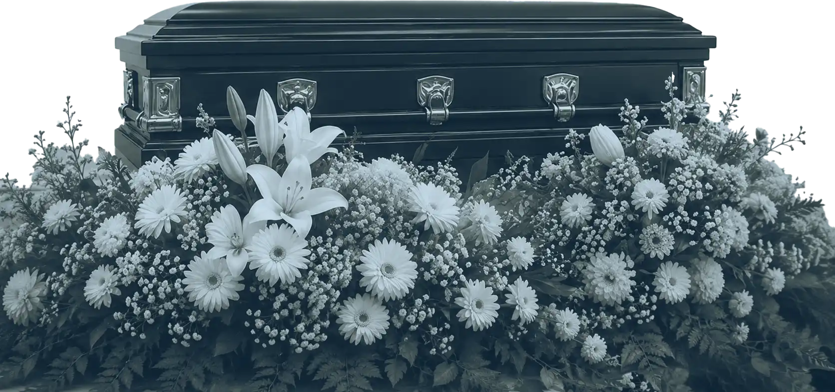Ataúd y arreglos florales para la despedida