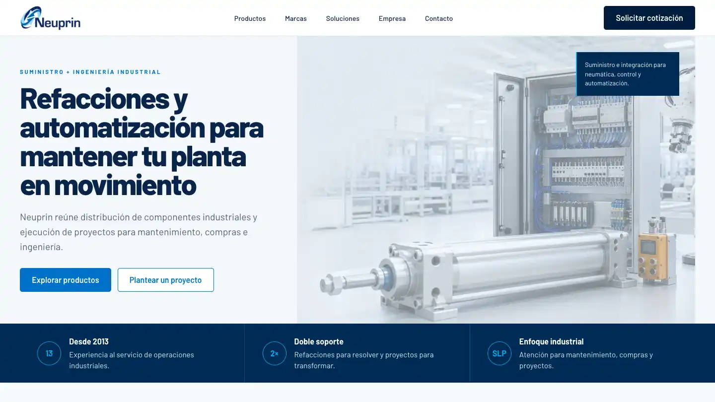 Vista inicial del demo de Neuprin para suministro e ingeniería industrial