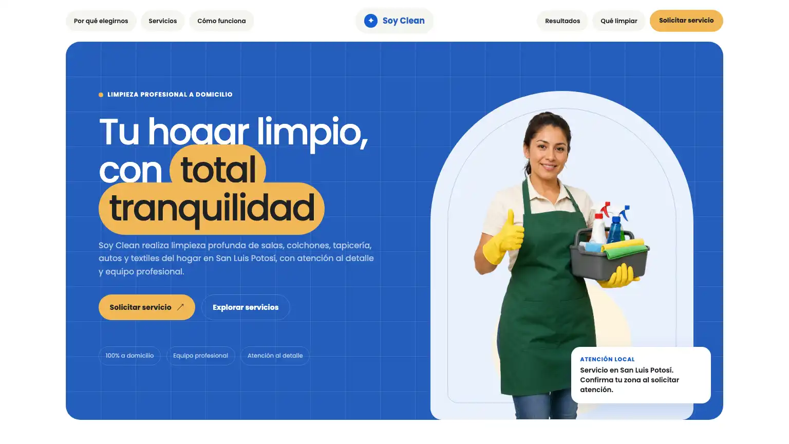 Vista inicial del demo de Soy Clean con su propuesta de limpieza a domicilio